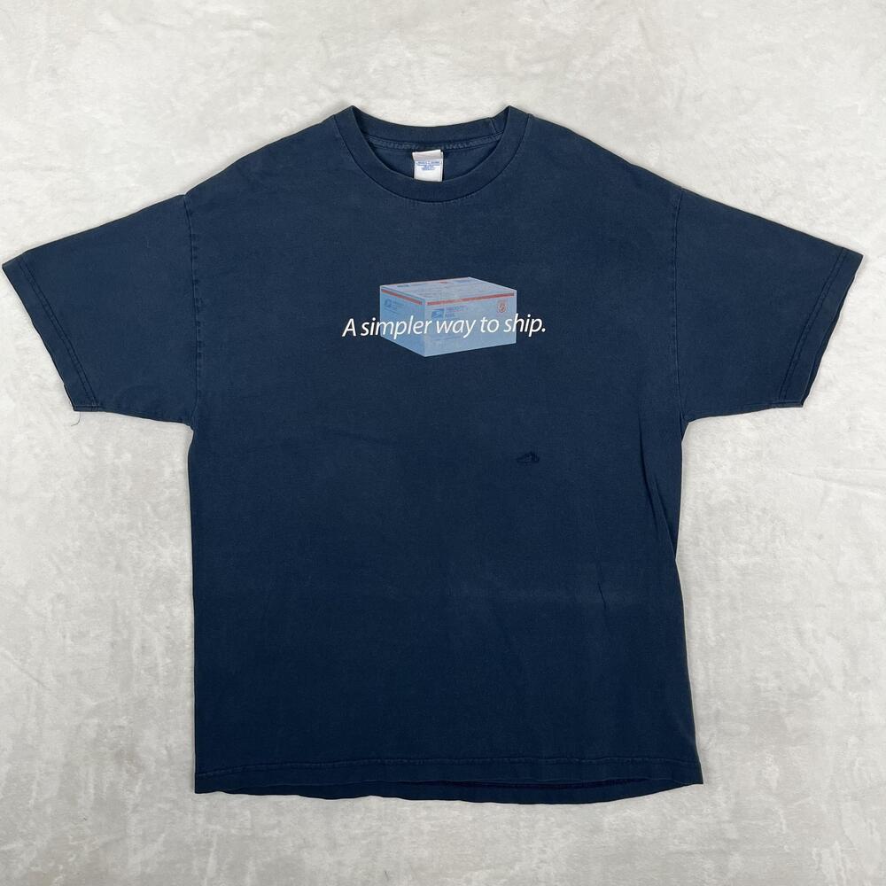 Vintage USPS Priority Mail T-Shirt Mens XL Blue Flat Rate Box Promo Tee